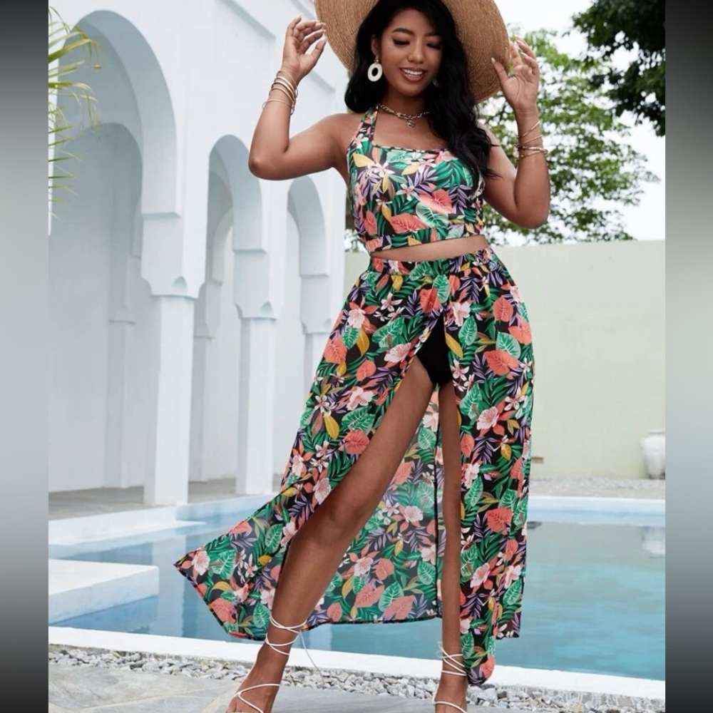 SHEIN Plus Tropical Print Halter Top & High Split Skirt Set 3X 18